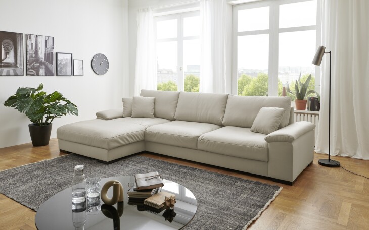 Wohnlandschaft >Adriena< 6 Kissen, Daune, Bezug in creme - 321x90x177cm (BxHxT)