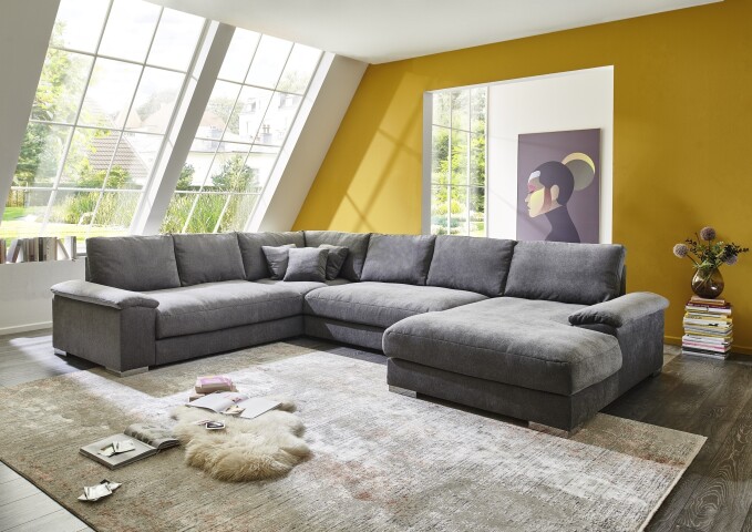 Wohnlandschaft >Adriena< U-Form, 10 Kissen, Daune, Easy-clean Bezug grau - 360x90x275cm (BxHxT)