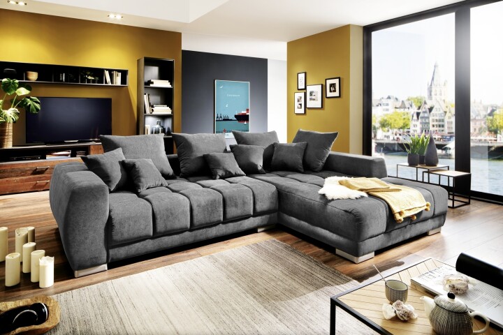 Wohnlandschaft >Amelie< 9 Kissen, Waffelsteppung, Strukturstoff anthrazit - 300x86x215 (BxHxT)