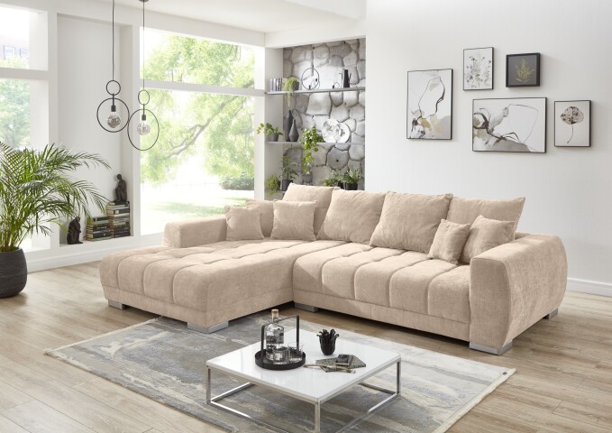 Wohnlandschaft >Amelie< 9 Kissen, Waffelsteppung, Fein-Webstoff creme - 300x86x215cm (BxHxT)