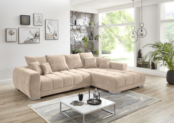 Wohnlandschaft >Amelie< 9 Kissen, Waffelsteppung, Fein-Webstoff creme - 300x86x215cm (BxHxT)