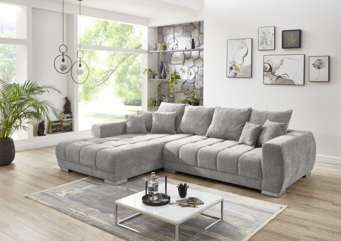 Wohnlandschaft >Amelie< 9 Kissen, Waffelsteppung, Fein-Webstoff hellgrau - 300x86x215cm BxHxT