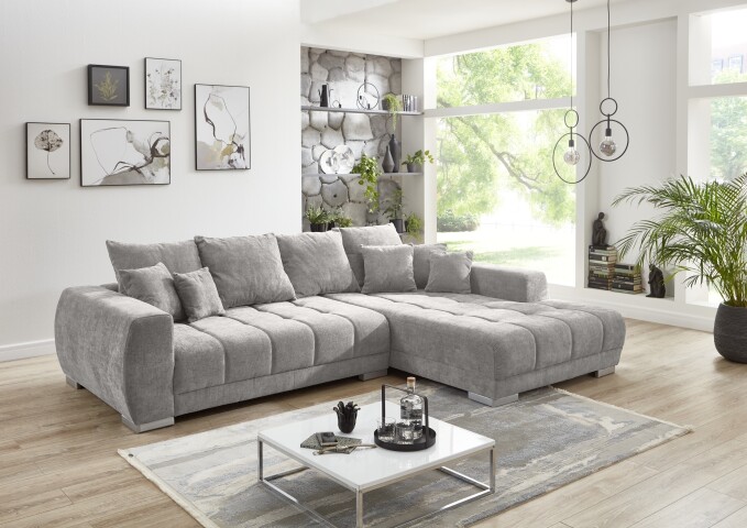 Wohnlandschaft >Amelie< 9 Kissen, Waffelsteppung, Fein-Webstoff hellgrau - 300x86x215cm BxHxT