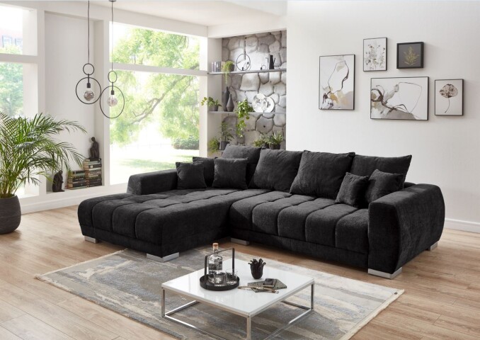 Wohnlandschaft >Amelie< 9 Kissen, Waffelsteppung, Feinwebstoff dunkelgrau - 300x86x215cm BxHxT