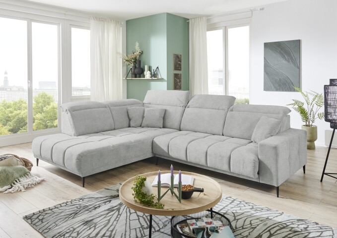 Wohnlandschaft >Lindesberg< elektr. Sitzverstellung, Federkern, hellgrau - 317x107x230cm (BxHxT)