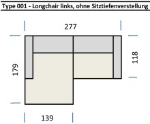 Wohnlandschaft >Wolve< Kopfteilverstellungen, 2 Kissen, Cord creme - 277x108x179cm (BxHxT)