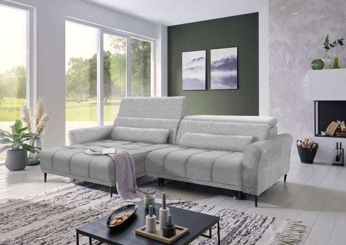 Wohnlandschaft >Wolve< Kopfteilverstellungen, 2 Kissen, hellgrau - 277x108x179 (BxHxT)