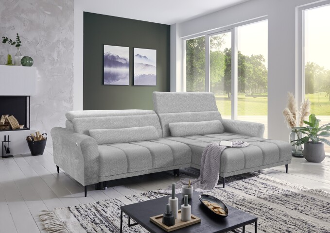 Wohnlandschaft >Wolve< Kopfteilverstellungen, 2 Kissen, hellgrau - 277x108x179 (BxHxT)