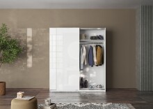 Schwebetürenschrank >Salva< 2 Böden, 2 Stangen, Weiss Hochglanz / Weiss - 180x210x55cm (B/H/T)