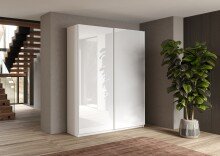Schwebetürenschrank >Salva< 2 Böden, 2 Stangen, Weiss Hochglanz / Weiss - 180x210x55cm (B/H/T)