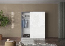 Schwebetürenschrank >Salva< 2 Böden, 2 Stangen, Weiss Hochglanz / Weiss - 180x210x55cm (B/H/T)