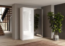 Schwebetürenschrank >Salva< 2 Böden, 2 Stangen, Spiegel, Weiß Hochglanz/Weiß - 180x210x55cm B/H/T