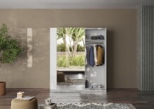 Schwebetürenschrank >Salva< 2 Böden, 2 Stangen, Spiegel, Weiß Hochglanz/Weiß - 180x210x55cm B/H/T