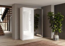 Schwebetürenschrank >Salva< 2 Böden, 2 Stangen, Spiegel, Weiß Hochglanz/Weiß - 180x210x55cm B/H/T