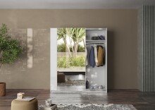 Schwebetürenschrank >Salva< 2 Böden, 2 Stangen, Spiegel, Weiß Hochglanz/Weiß - 180x210x55cm B/H/T