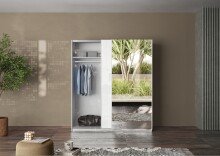 Schwebetürenschrank >Salva< 2 Böden, 2 Stangen, Spiegel, Weiß Hochglanz/Weiß - 180x210x55cm B/H/T