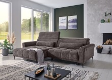 Wohnlandschaft >Wolve< elektr. Sitzverstellung, Kissen, Cord graubraun - 277x108x179cm BxHxT