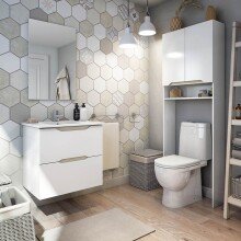 Badezimmer-Set >MIA< in Weiß glänzend / Eiche - 60x57x45 (BxHxT)