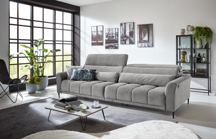 Big-Sofa >Wolve< 1x elektr. Sitzverstellung, 2 Kissen, silbergrau - 280x108x118cm (BxHxT)