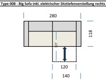 Big-Sofa >Wolve< 1x elektr. Sitzverstellung, 2 Kissen, silbergrau - 280x108x118cm (BxHxT)