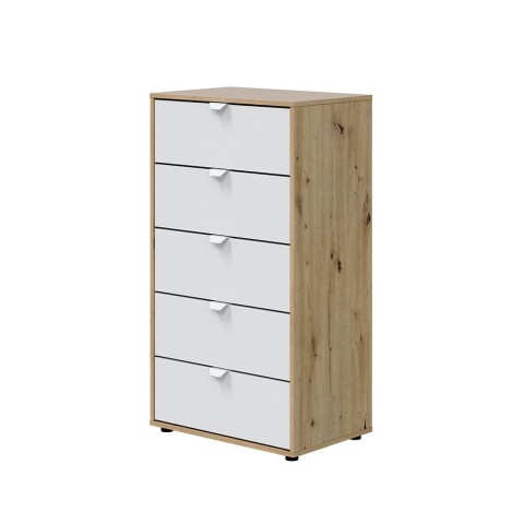 Hochkommode >GARONA< 5 Schübe, Nodi Eiche Dekor / Artik Weiß - 60x109x40 (BxHxT)