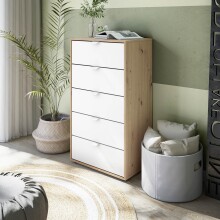Hochkommode >GARONA< 5 Schübe, Nodi Eiche Dekor / Artik Weiß - 60x109x40 (BxHxT)
