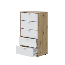 Hochkommode >GARONA< 5 Schübe, Nodi Eiche Dekor / Artik Weiß - 60x109x40 (BxHxT)
