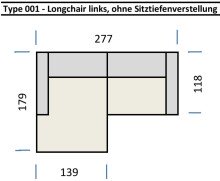 Wohnlandschaft >Wolve< Kopfteilverstellung, 2 Kissen, Cord rost - 277x108x179cm (BxHxT)