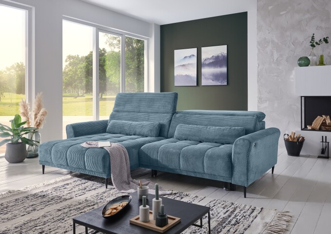 Wohnlandschaft >Wolve< elektr. Sitsverstellung, 2 Kissen, Cord blau - 277x108x179cm (BxHxT)