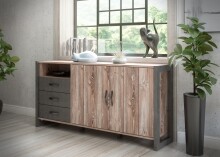 Sideboard >NOTE< 2 Türen, 3 Schübe, Beton / Kiefer Dekor - 189,6x93,4x43,1cm (B/H/T)
