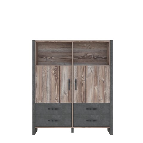 Highboard >NOTE< 2 Türen, 4 Schübe, Beton / Kiefer Dekor - 129,8x154,2x43,1cm (B/H/T)