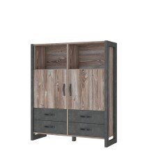 Highboard >NOTE< 2 Türen, 4 Schübe, Beton / Kiefer Dekor - 129,8x154,2x43,1cm (B/H/T)