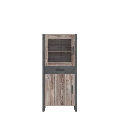 Stauraumvitrine >NOTE< 2 Türen, 1 Schublade, Beton / Kiefer Dekor - 67,7x154,2x43,1cm (B/H/T)