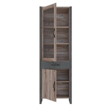 Stauraumvitrine >NOTE< 2 Türen, 1 Schublade, Beton / Kiefer Dekor - 67,7x205,4x43,1cm (B/H/T)