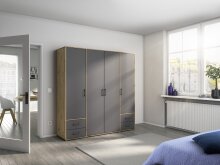 Drehtürenschrank >Voyager< 4 Schübe, 5 Böden, grau / Eiche Artisan Dekor - 187x194x53 (BxHxT)