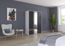 Drehtürenschrank >Voyager< 2 Schübe, 3 Böden, 1 Stange, grau/ Spiegel / Weiß - 140x194x53cm B/H/T