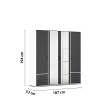 Drehtürenschrank >Voyager< 4 Schübe, 5 Böden, 1 Stange, grau/ Spiegel / Weiß - 187x194x53cm B/H/T