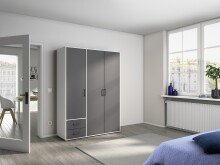 Drehtürenschrank >Voyager< 2 Schübe, 3 Böden, 1 Stange, grau metallic / weiß - 140x194x53 (BxHxT)