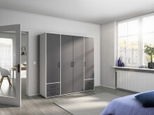 Drehtürenschrank >Voyager< 4 Schübe, 5 Böden, 1 Stange, grau metallic / weiß - 187x194x53 (BxHxT)