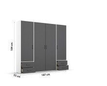 Drehtürenschrank >Voyager< 4 Schübe, 5 Böden, 1 Stange, grau metallic / weiß - 187x194x53 (BxHxT)