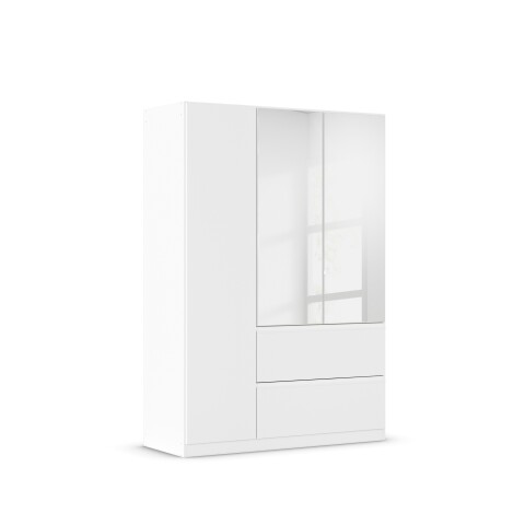 Drehtürenschrank >Joel< 2 Schübe, 2 Böden, 2 Stangen, weiß / Spiegel - 136x197x54 (BxHxT)