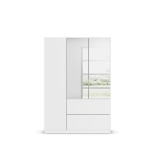 Drehtürenschrank >Joel< 2 Schübe, 2 Böden, 2 Stangen, weiß / Spiegel - 136x197x54 (BxHxT)