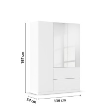 Drehtürenschrank >Joel< 2 Schübe, 2 Böden, 2 Stangen, weiß / Spiegel - 136x197x54 (BxHxT)