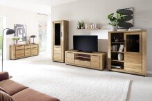 Wohnwand >GRENO< in natur geölt, Wildeiche teilmassiv - 407x200x54cm (BxHxT)