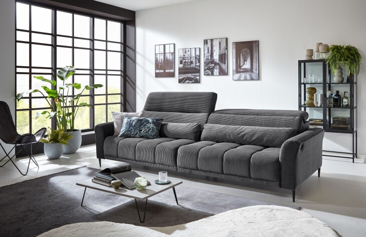 Big-Sofa >Wolve< 2x elektr. Verstellung, 2 Kissen, Cord grau - 280x108x118cm (BxHxT)
