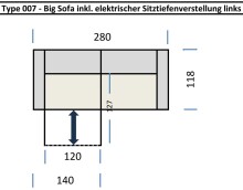 Big-Sofa >Wolve< 1x elektr. Verstellung, 2 Kissen, Cord grau - 280x108x118cm (BxHxT)