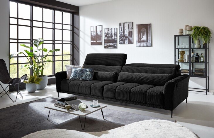 Big-Sofa >Wolve< Kopfteilverstellung, 2 Kissen, Cord schwarz - 280x108x118cm (BxHxT)