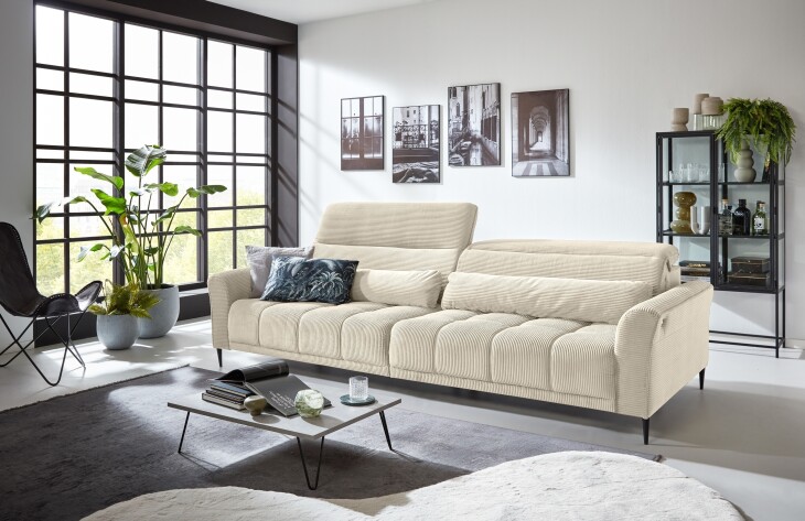 Big-Sofa >Wolve< Kopfteilverstellung, 2 Kissen, Cord beige - 280x108x118cm (BxHxT)
