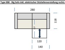 Big-Sofa >Wolve< 1x elektr. Verstellung, 2 Kissen, Cord beige - 280x108x118cm (BxHxT)