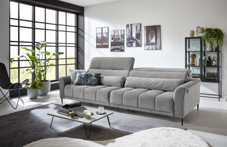 Big-Sofa >Wolve< 1x elektr. Sitzverstellung, Cord silbergrau - 280x108x118cm (BxHxT)